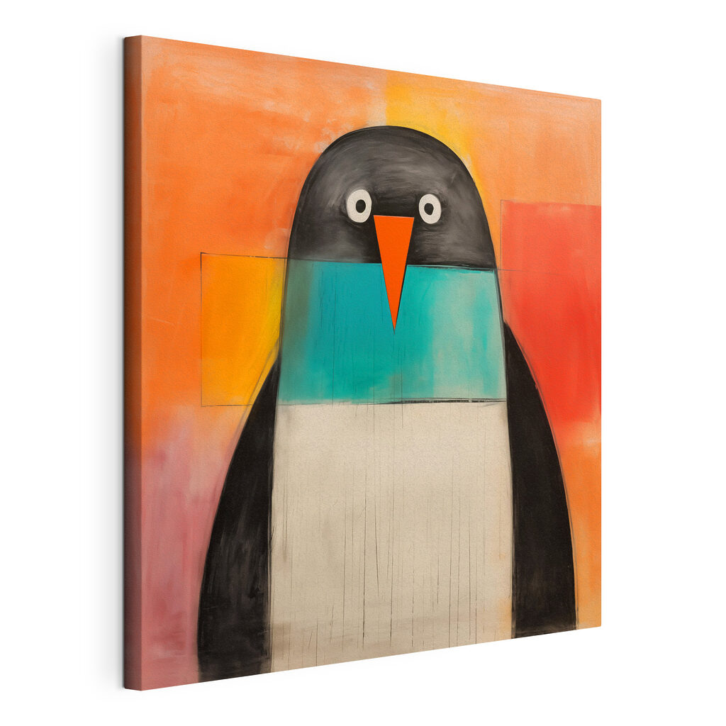 Pingouin aux aplats colorés, toile tendue et bord enveloppé