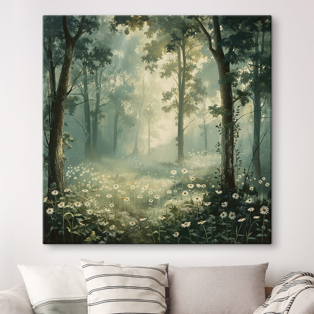 Marguerites en forêt brumeuse dans un intérieur