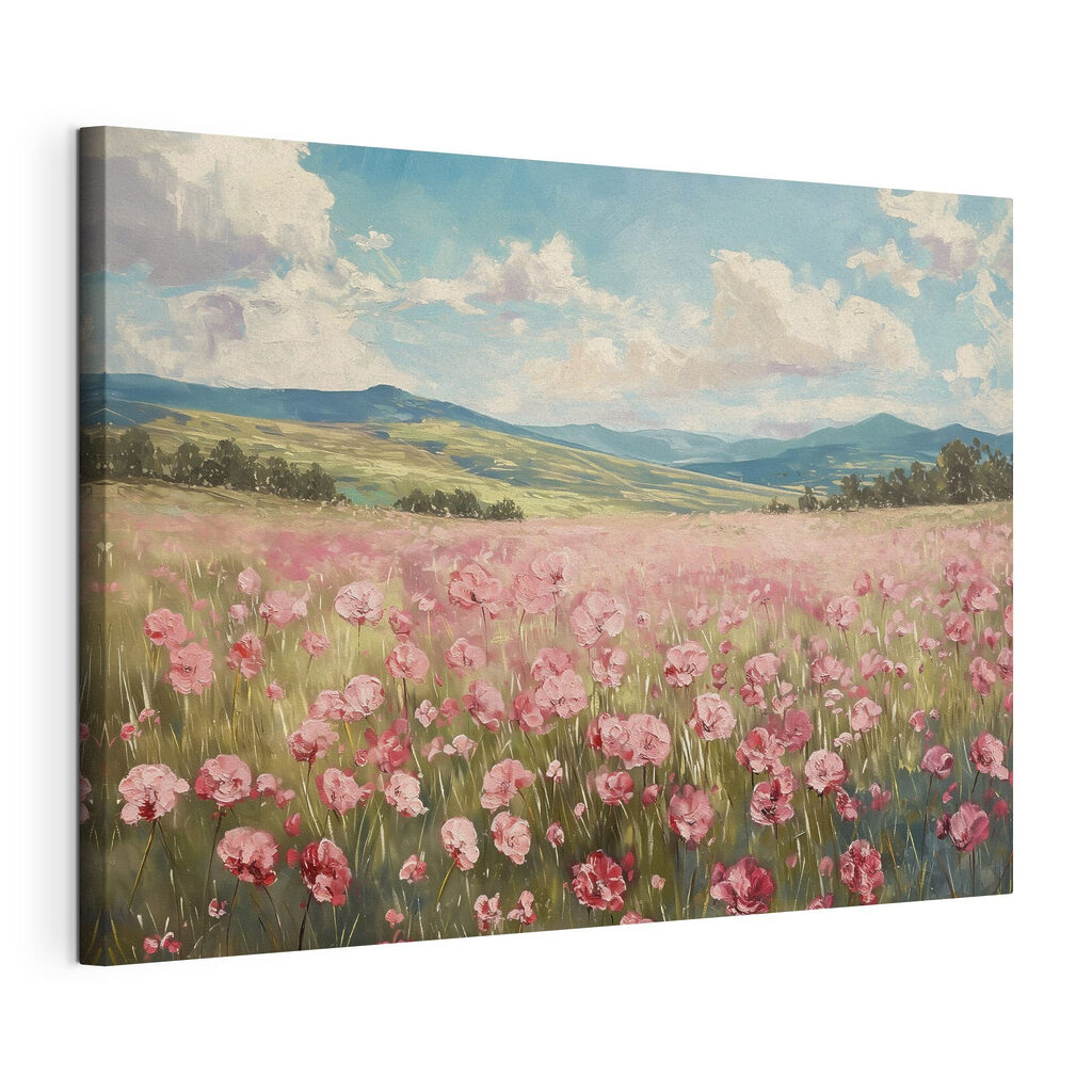 Champ de fleurs roses, toile tendue et bord enveloppé
