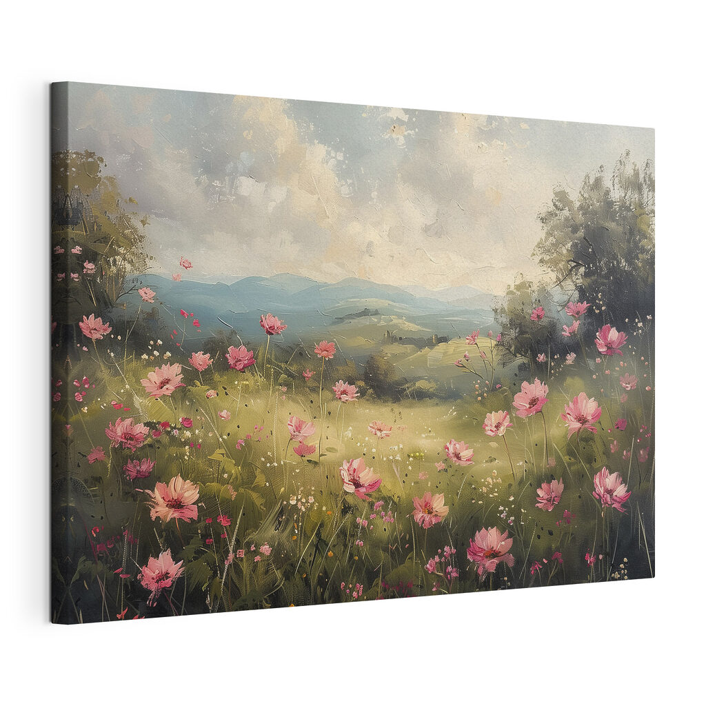 Vallée aux fleurs roses, toile tendue et bord enveloppé