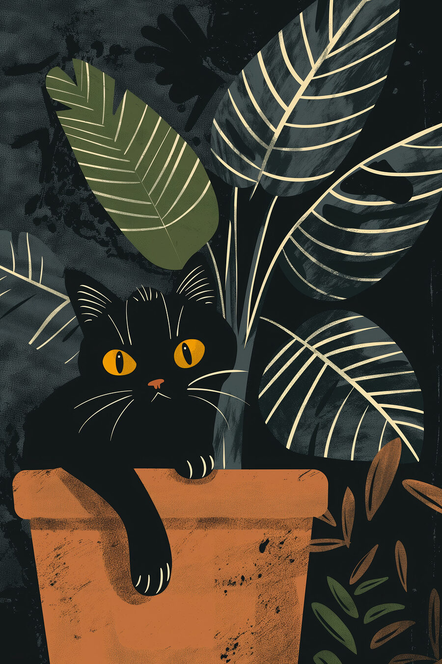 Chat noir et feuillage — motif complet