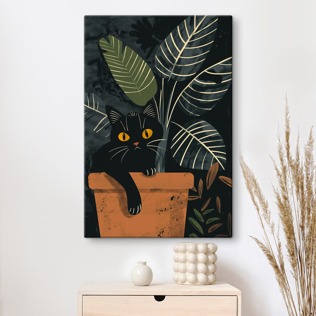 Chat noir et feuillage — intérieur 1