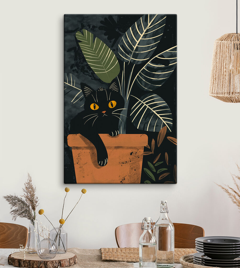 Chat noir et feuillage — intérieur 2