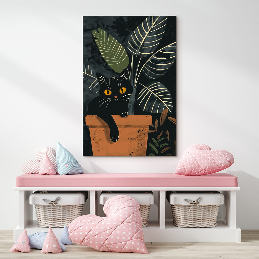 Chat noir et feuillage — intérieur 3