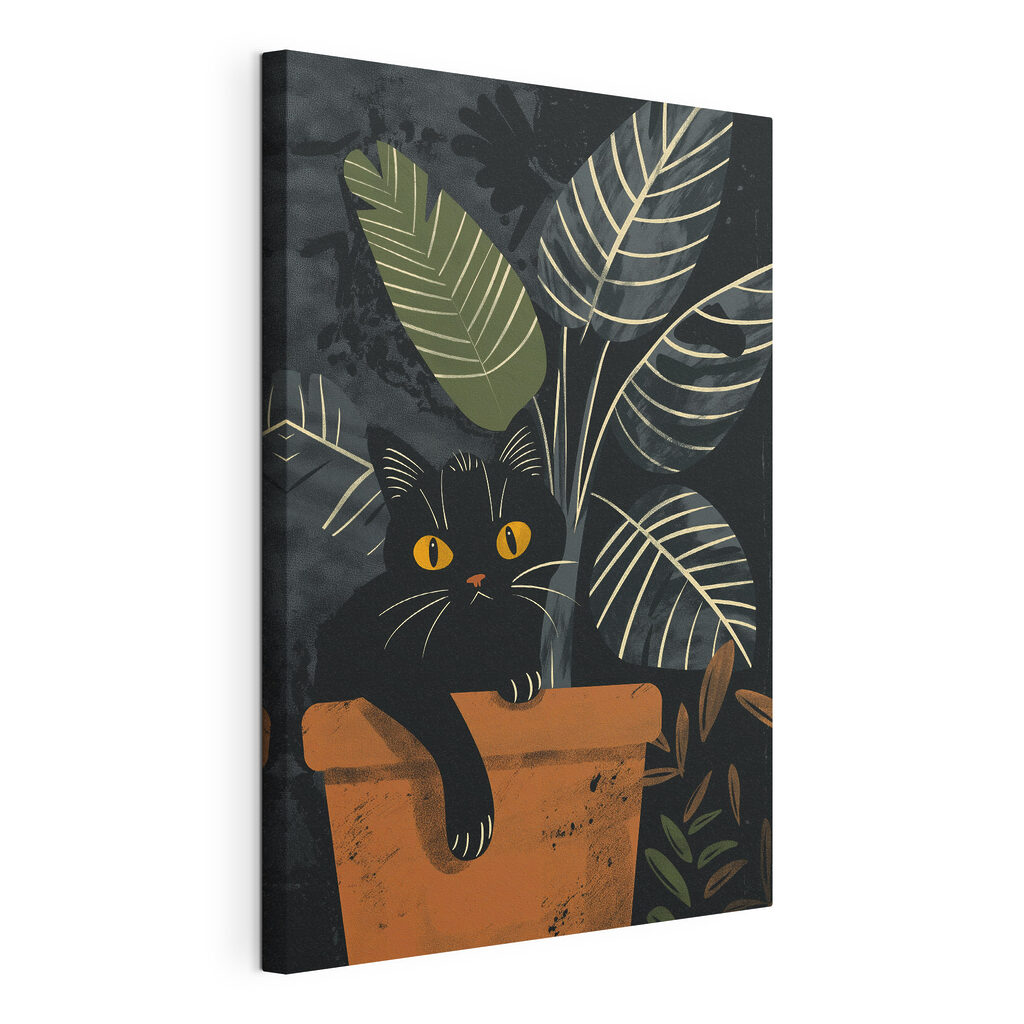 Chat noir et feuillage, toile tendue et bord enveloppé