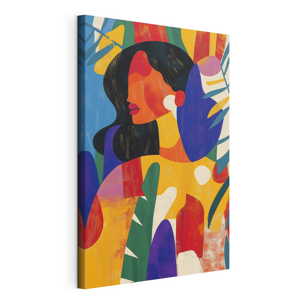 Femme aux couleurs ensoleillées, toile tendue et bord enveloppé