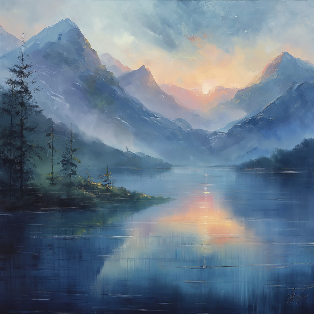 Lac au crépuscule bleu — motif complet