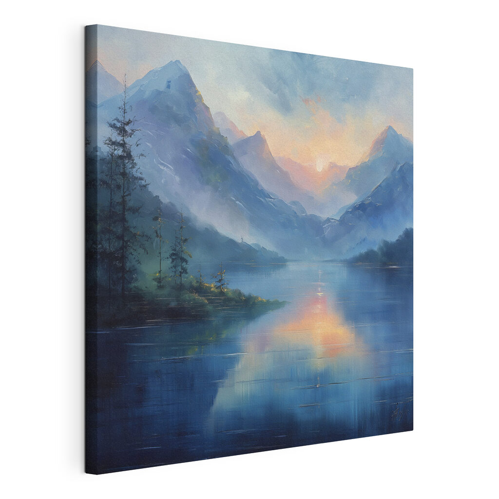 Lac au crépuscule bleu, toile tendue et bord enveloppé