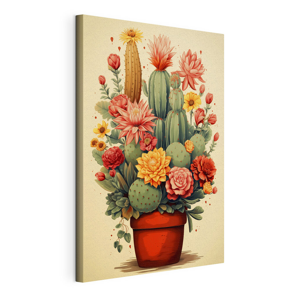 Pot de cactus fleuri, toile tendue et bord enveloppé