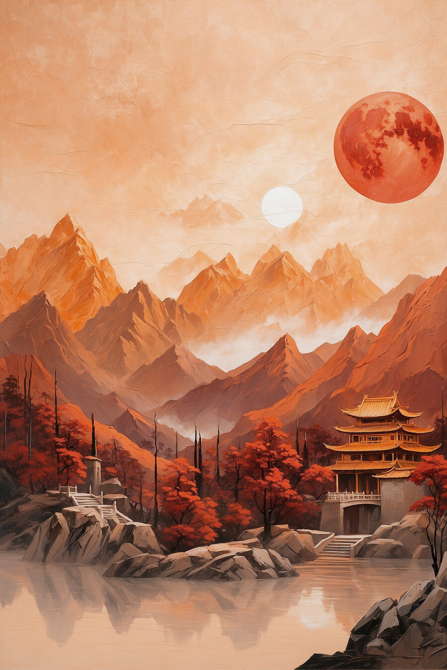 Temple et lune rouge — motif complet