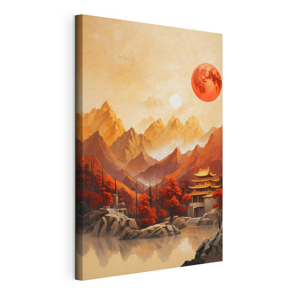 Temple et lune rouge, toile tendue et bord enveloppé