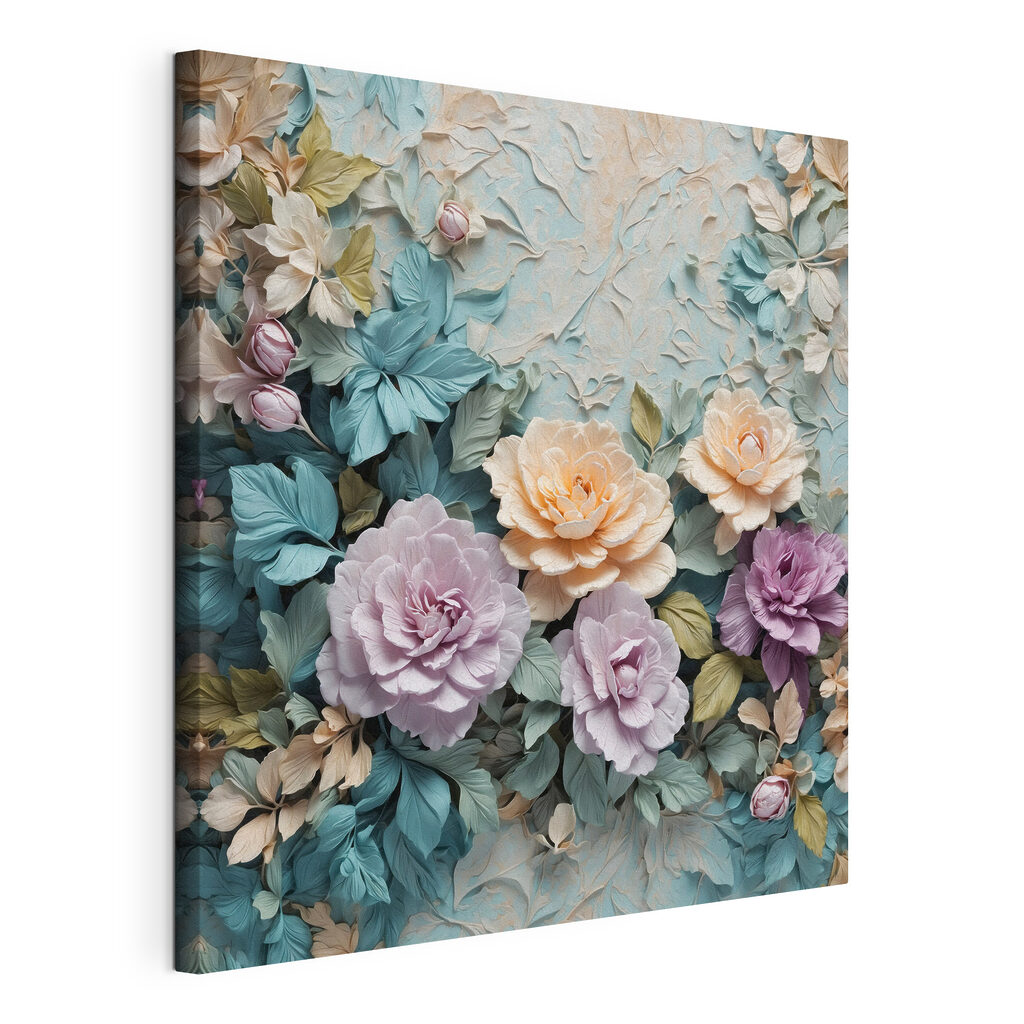 Fleurs pastel, feuillage frais, toile tendue et bord enveloppé
