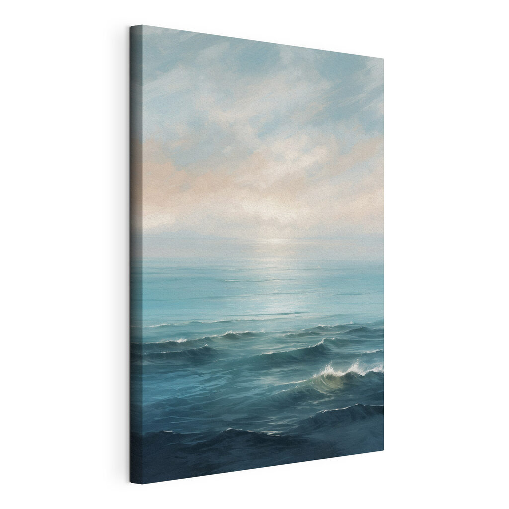 Mer aux tons pêche, toile tendue et bord enveloppé