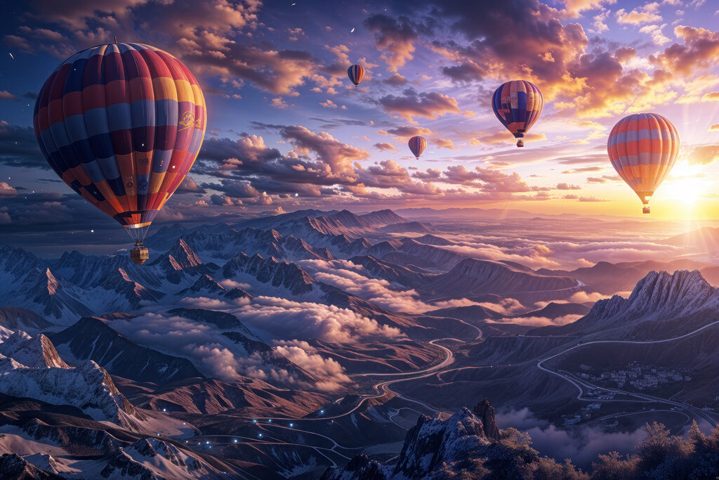 Montgolfières et montagnes violettes — motif complet