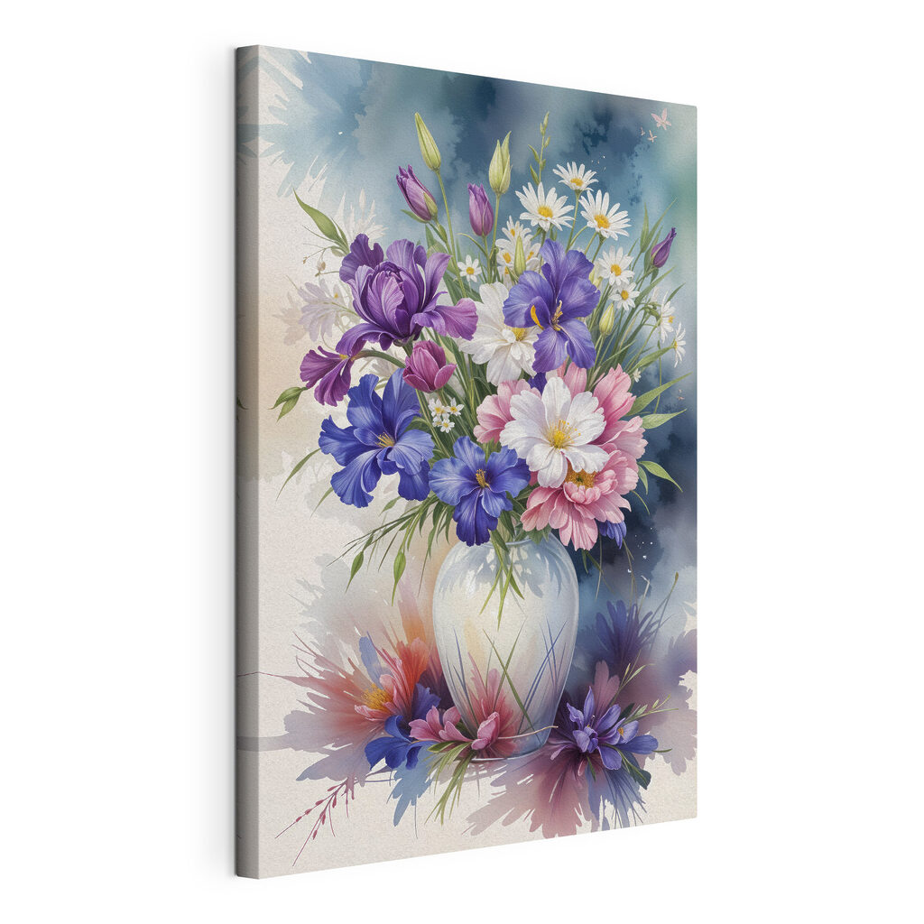Bouquet bleu-violet, toile tendue et bord enveloppé