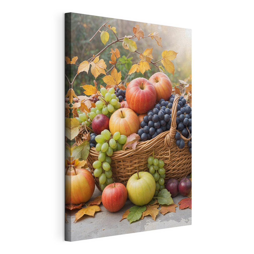 Panier de fruits d’automne, toile tendue et bord enveloppé