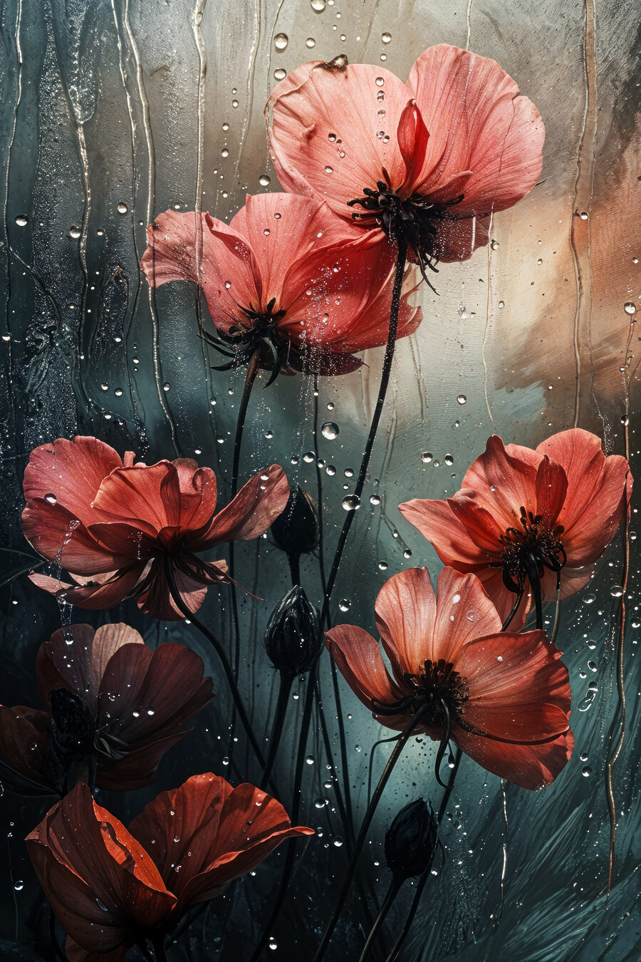 Fleurs rouges, vitre pluvieuse — motif complet