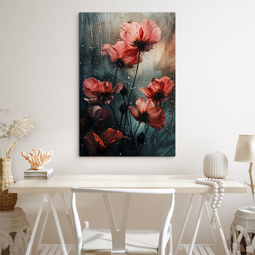 Fleurs rouges, vitre pluvieuse — intérieur 2