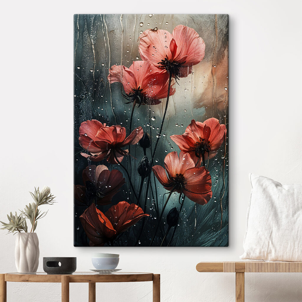 Fleurs rouges, vitre pluvieuse — intérieur 1