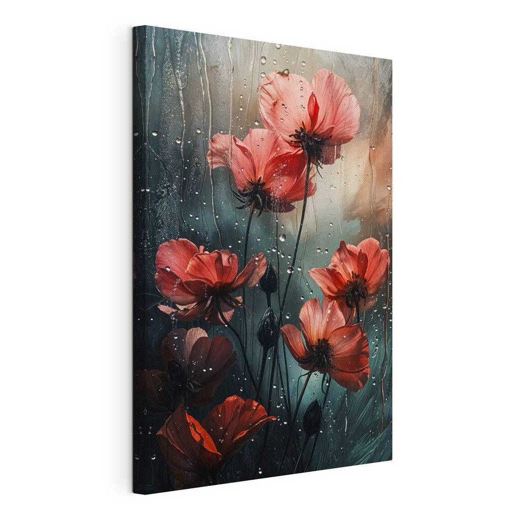 Fleurs rouges, vitre pluvieuse — vue du produit