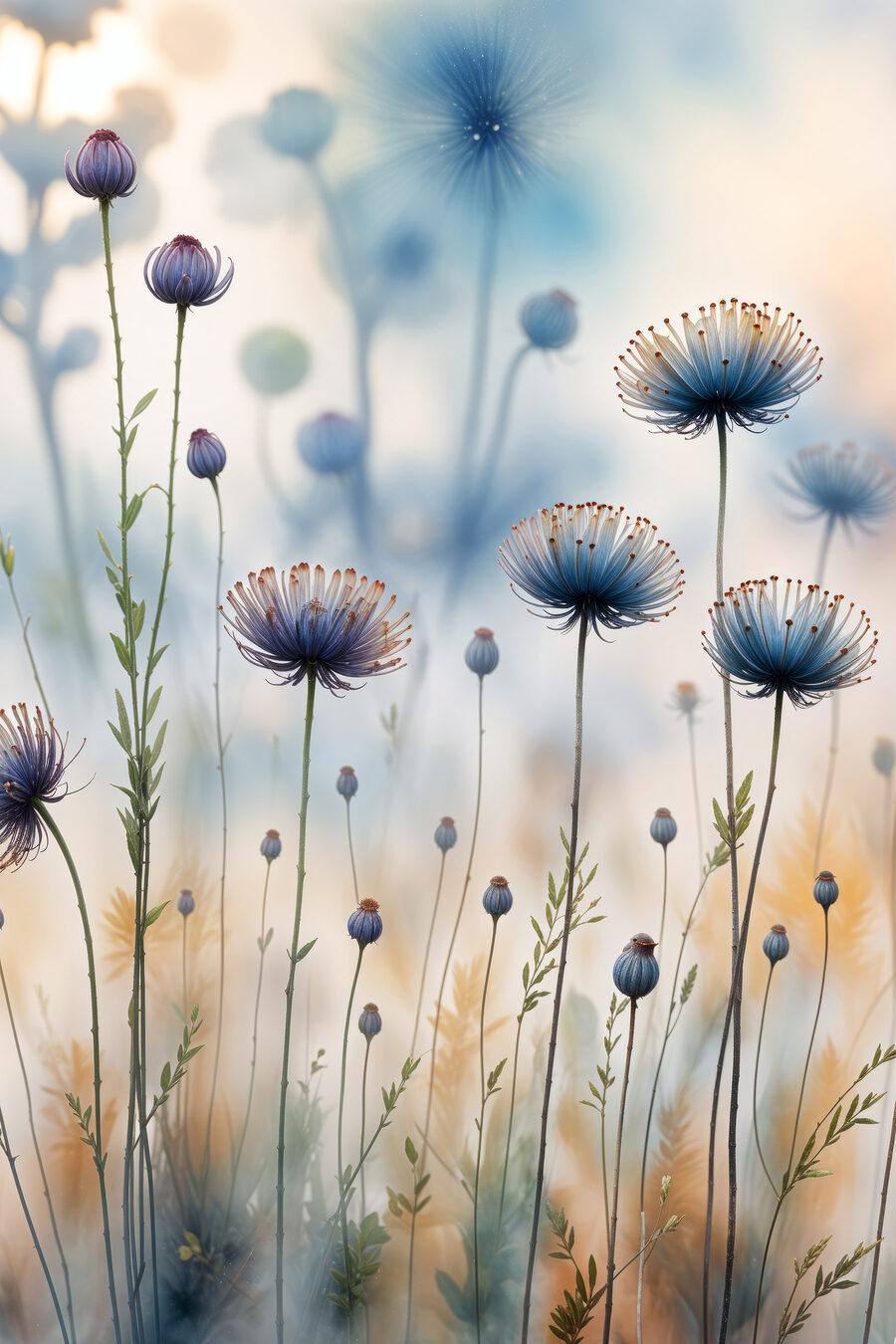 Pompons bleus dans l’herbe — motif complet