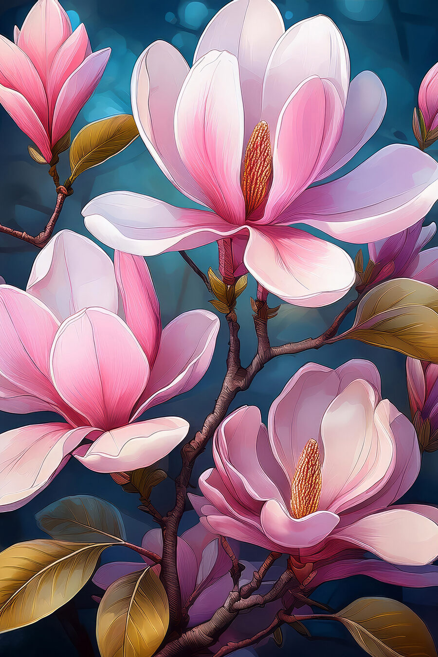 Magnolia rose, bleu nuit — motif complet
