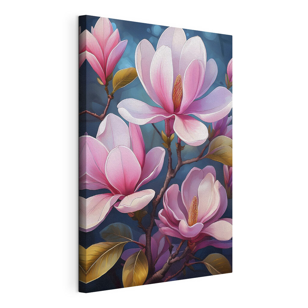Magnolia rose, bleu nuit, toile tendue et bord enveloppé