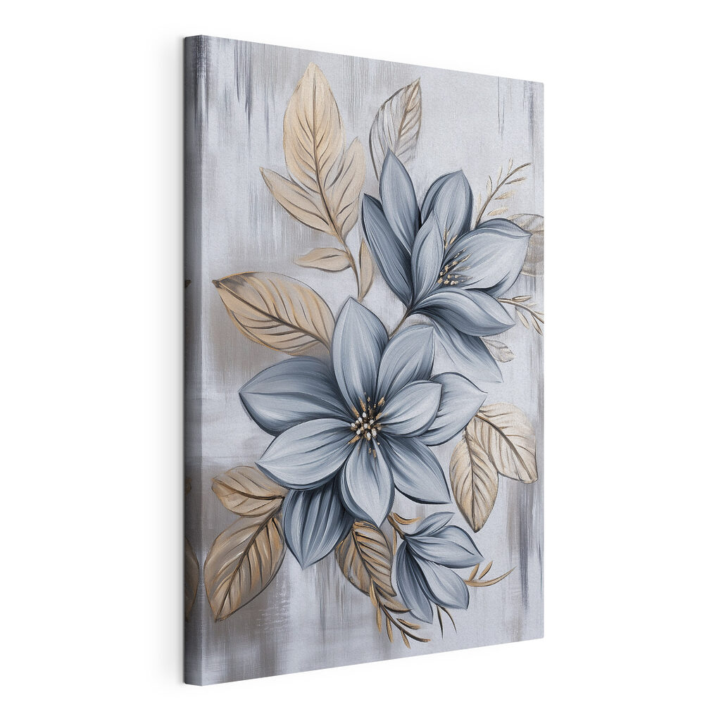 Floraison bleue et nervures, toile tendue et bord enveloppé