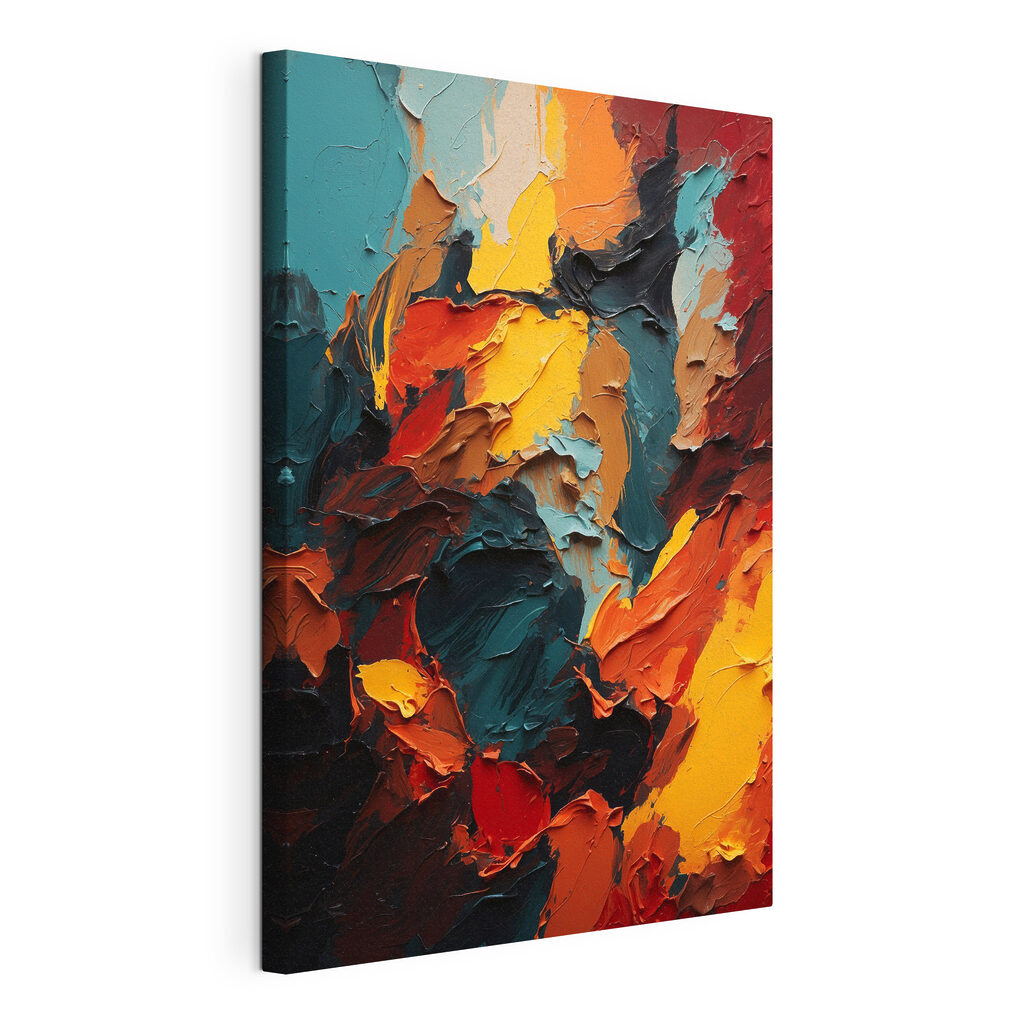 Couleurs terre, touches brutes, toile tendue et bord enveloppé