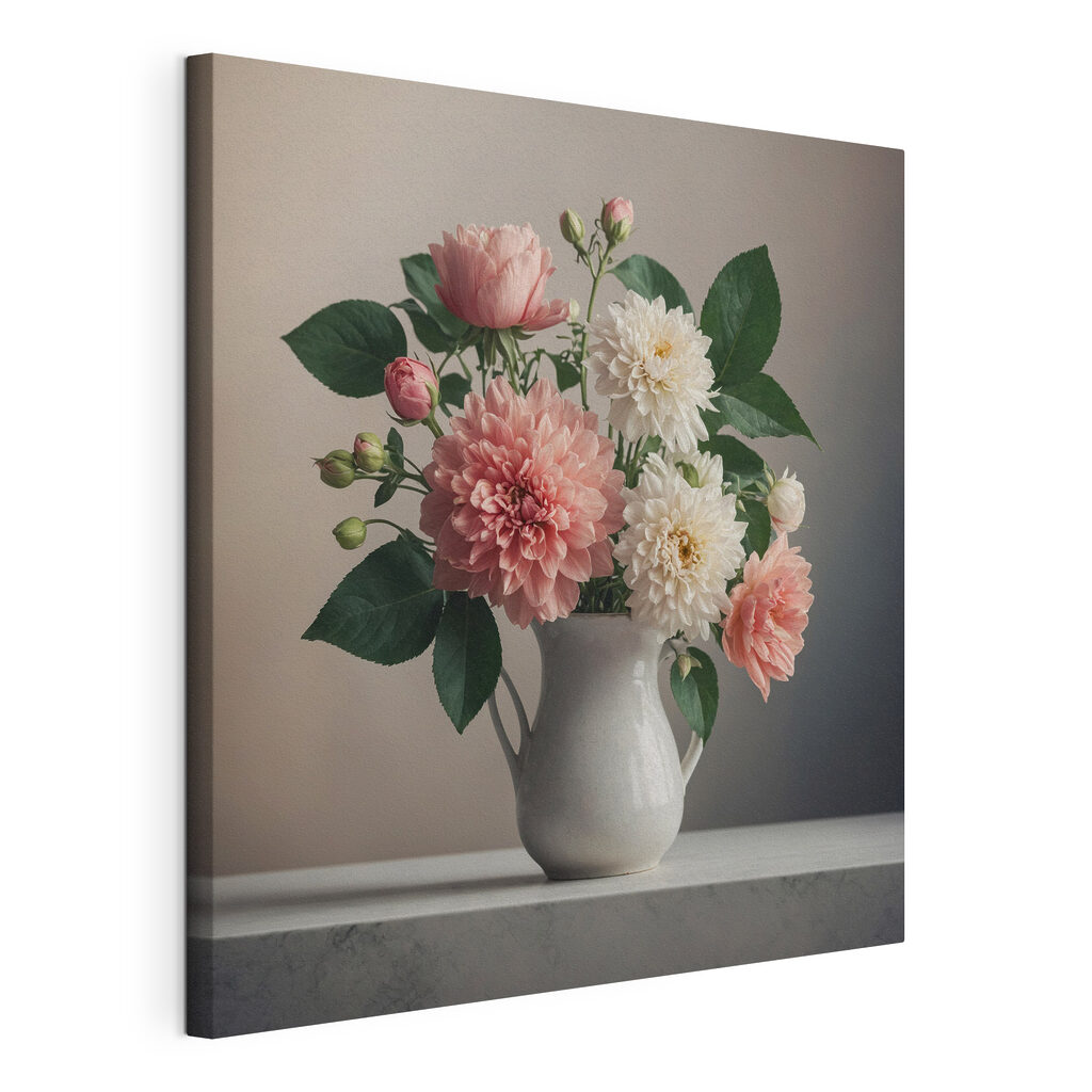 Fleurs dans un pichet, toile tendue et bord enveloppé