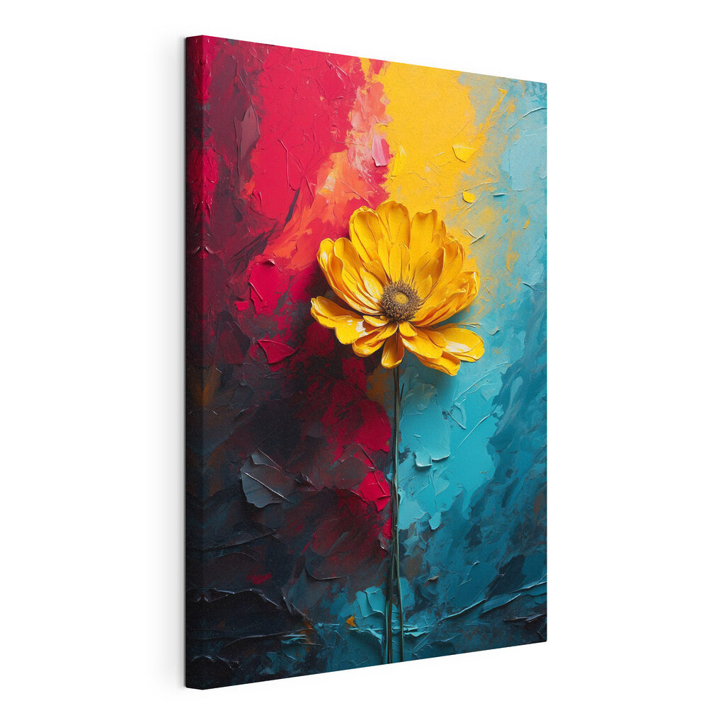 Fleur jaune entre aplats, toile tendue et bord enveloppé