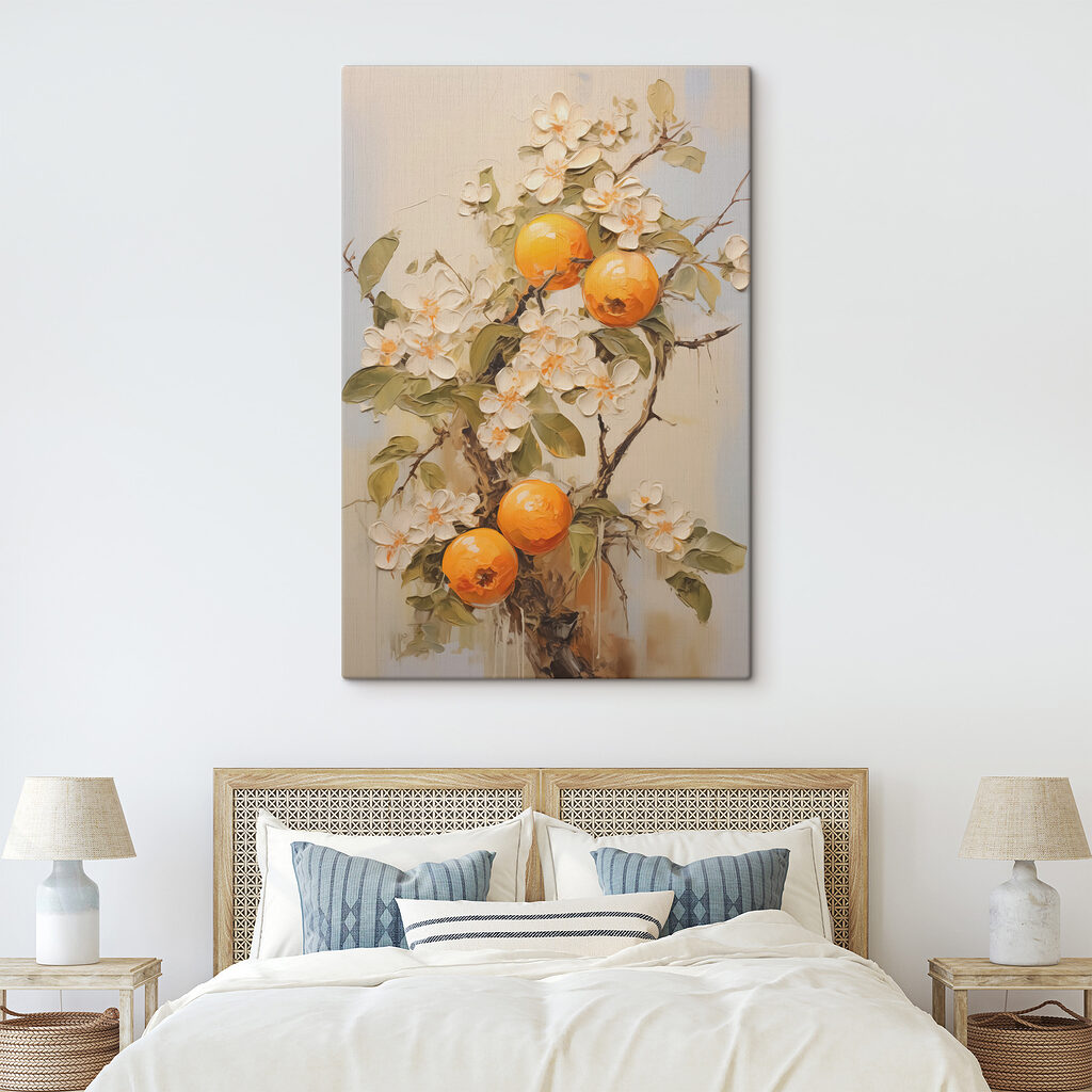 Oranges et fleurs blanches dans un intérieur