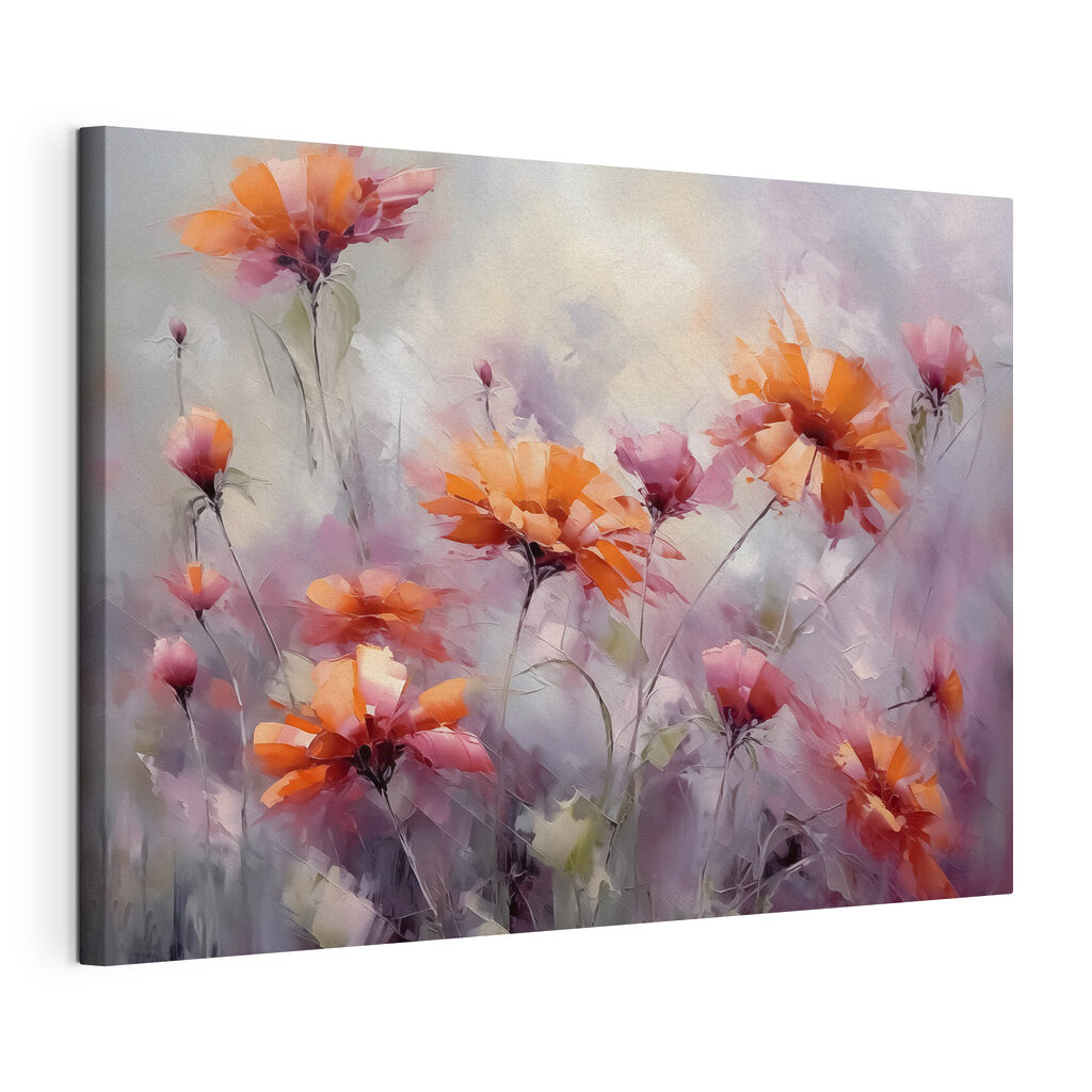 Fleurs corail élancées, toile tendue et bord enveloppé