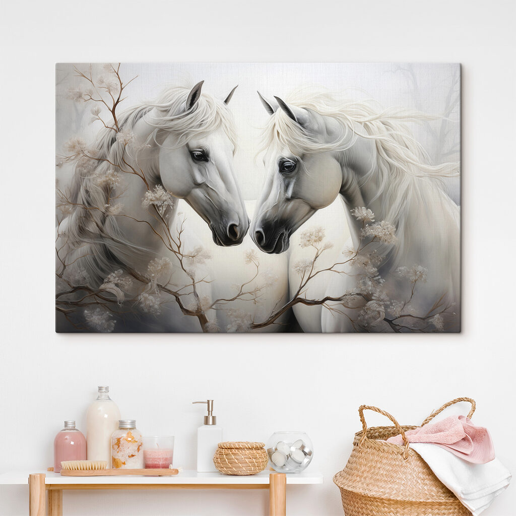 Chevaux blancs en hiver dans un intérieur