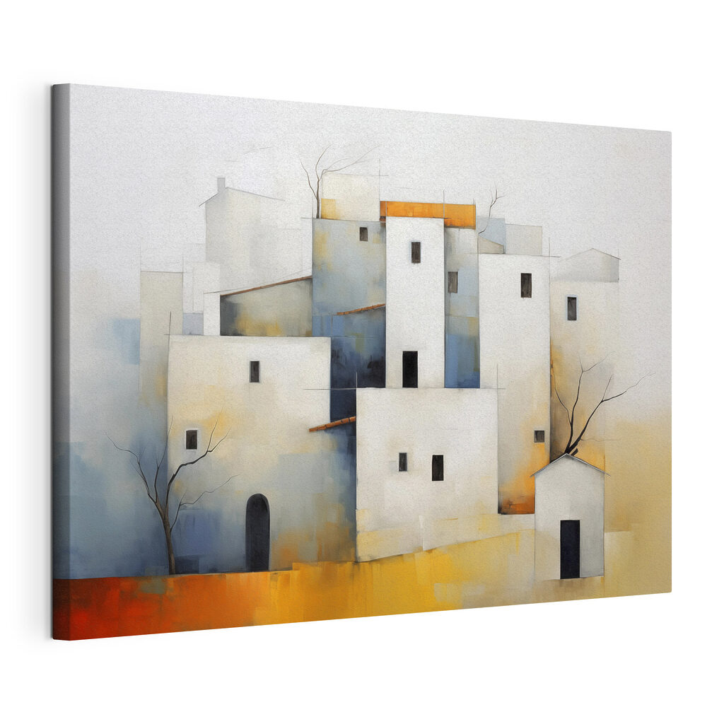 Maisons blanches en cubes, toile tendue et bord enveloppé