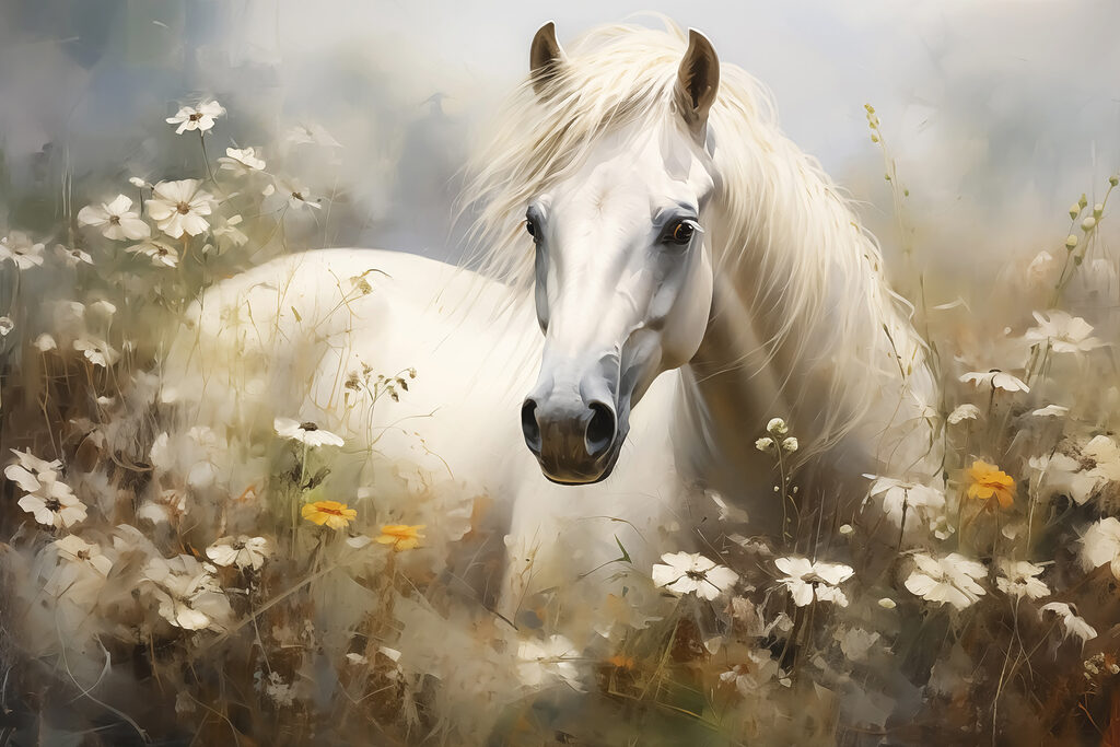 Cheval blanc aux marguerites — motif complet