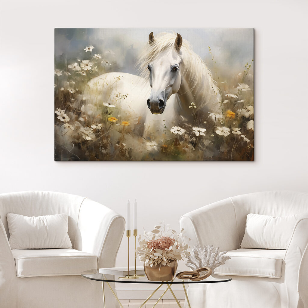 Cheval blanc aux marguerites dans un intérieur