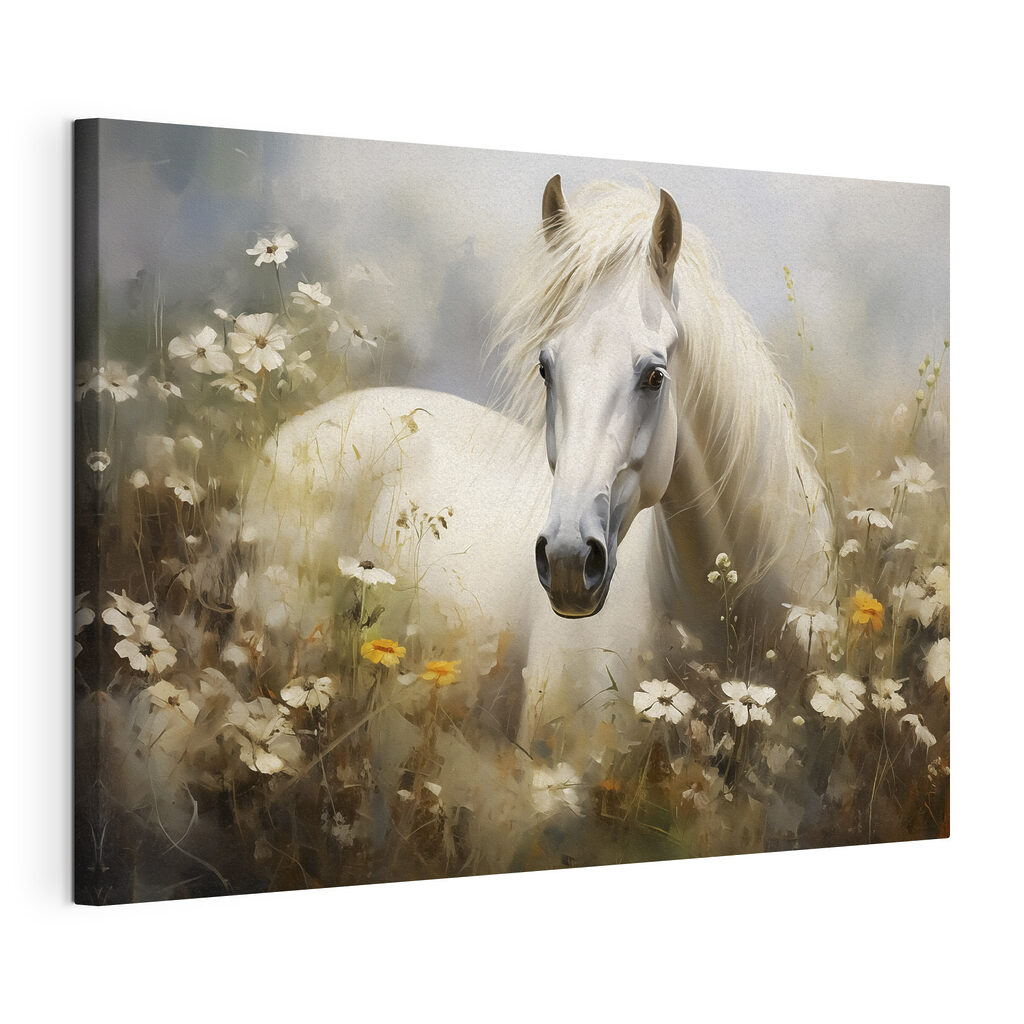 Cheval blanc aux marguerites, toile tendue et bord enveloppé