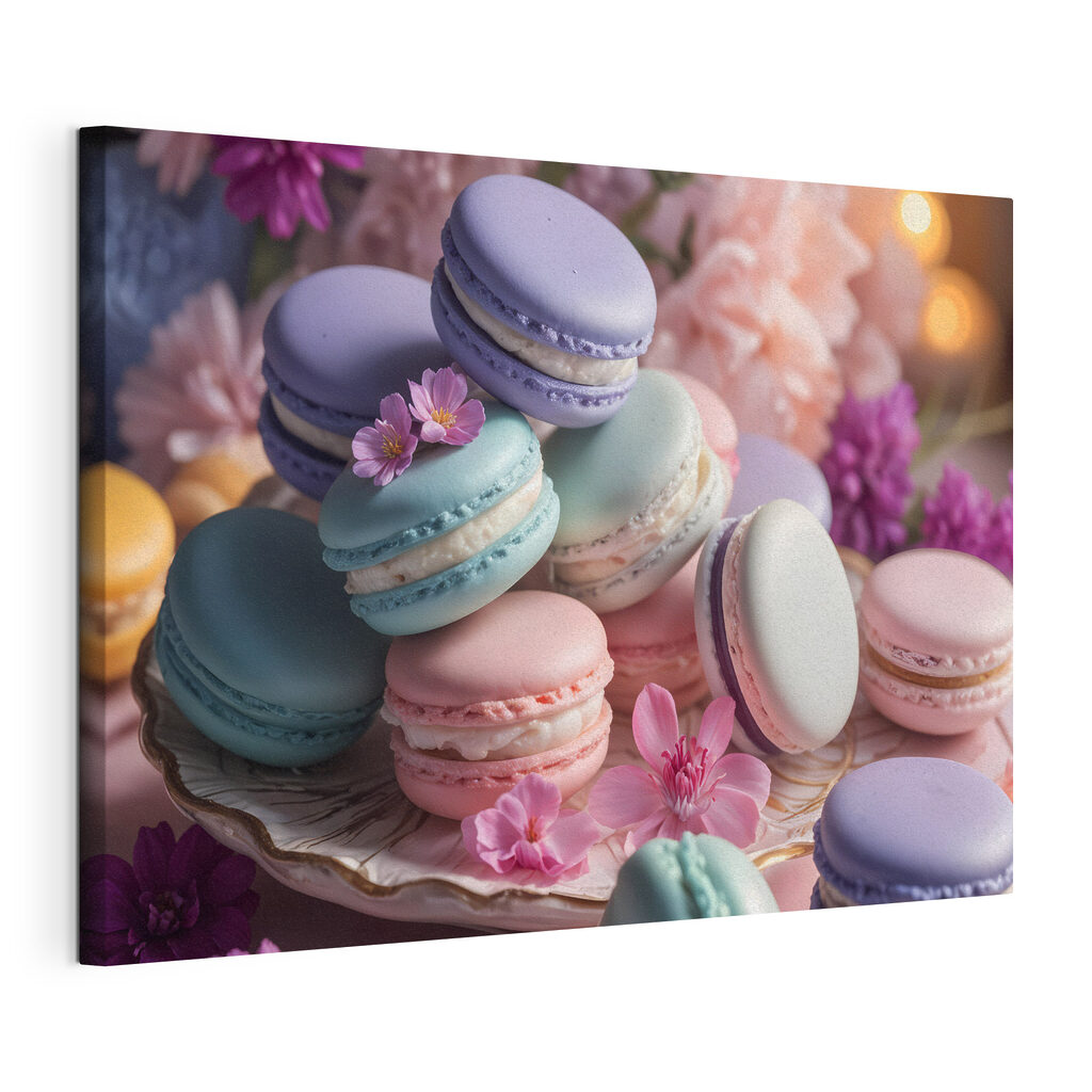 Macarons et fleurs lilas, toile tendue et bord enveloppé
