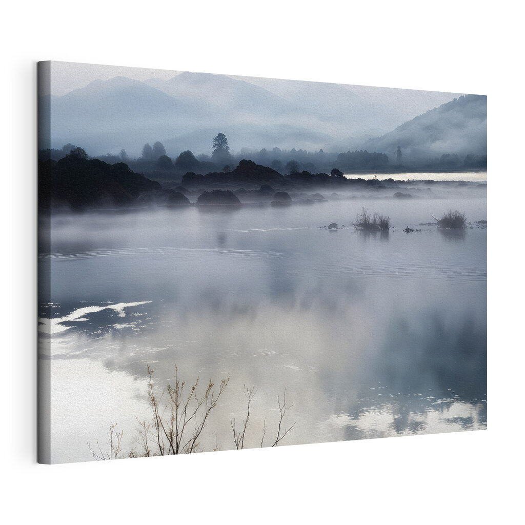 Brume sur l’eau calme, toile tendue et bord enveloppé
