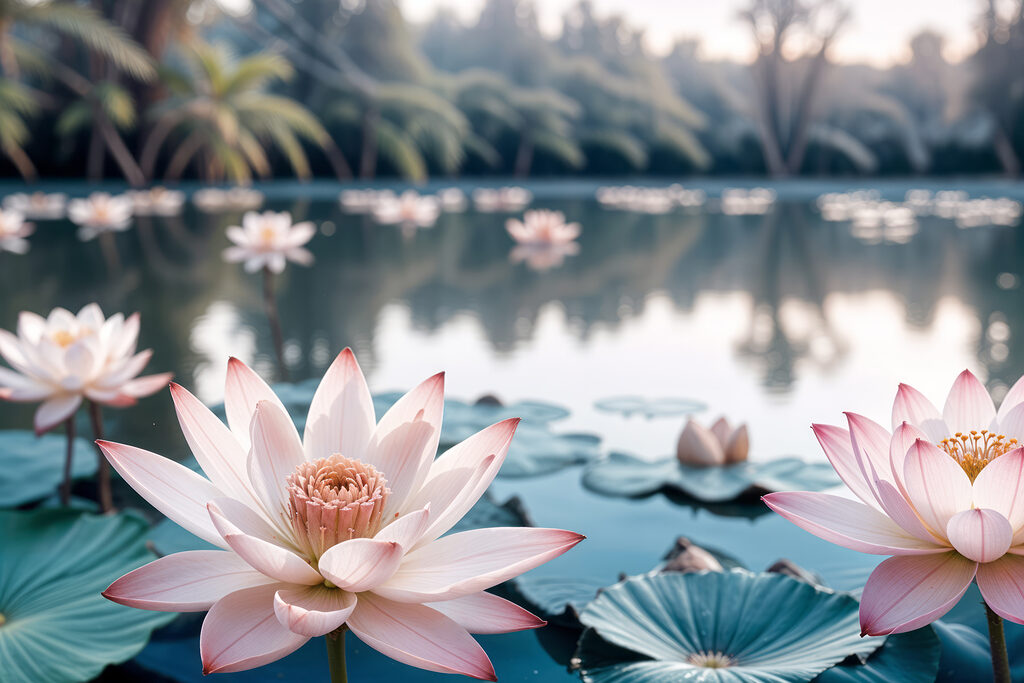 Lotus et palmiers sombres — motif complet