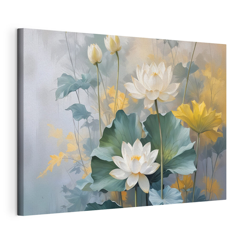 Lotus aux tons ensoleillés, toile tendue et bord enveloppé