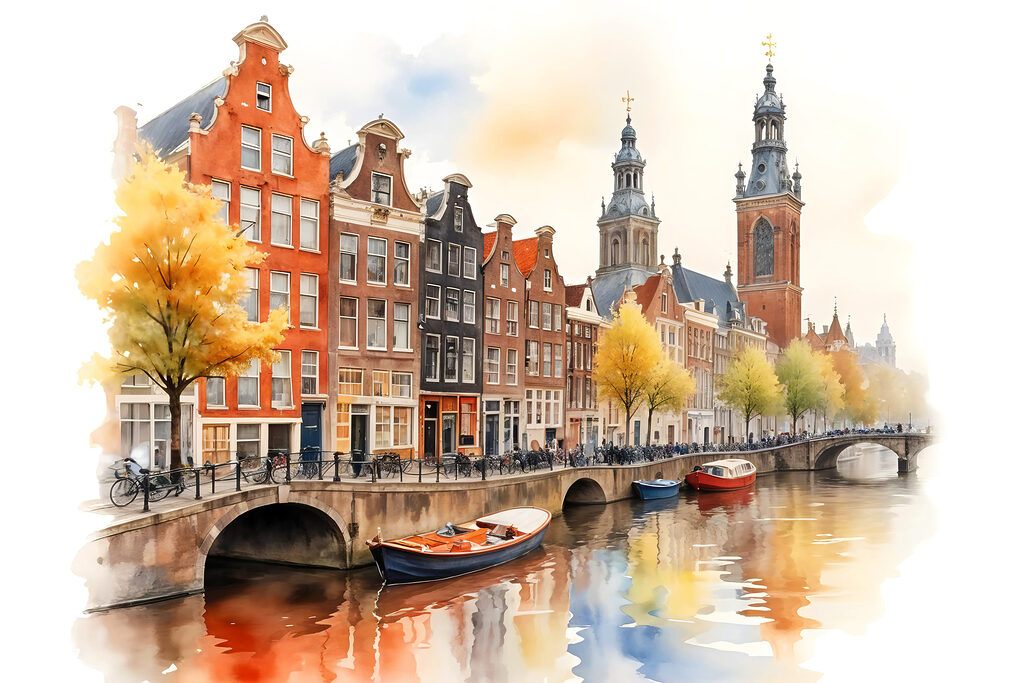 Amsterdam à l’aquarelle dorée — motif complet