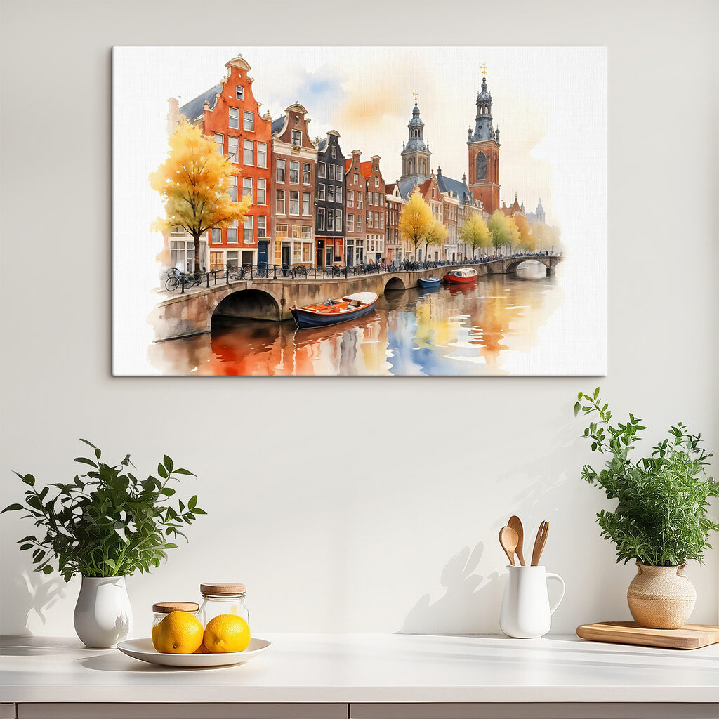 Amsterdam à l’aquarelle dorée dans un intérieur