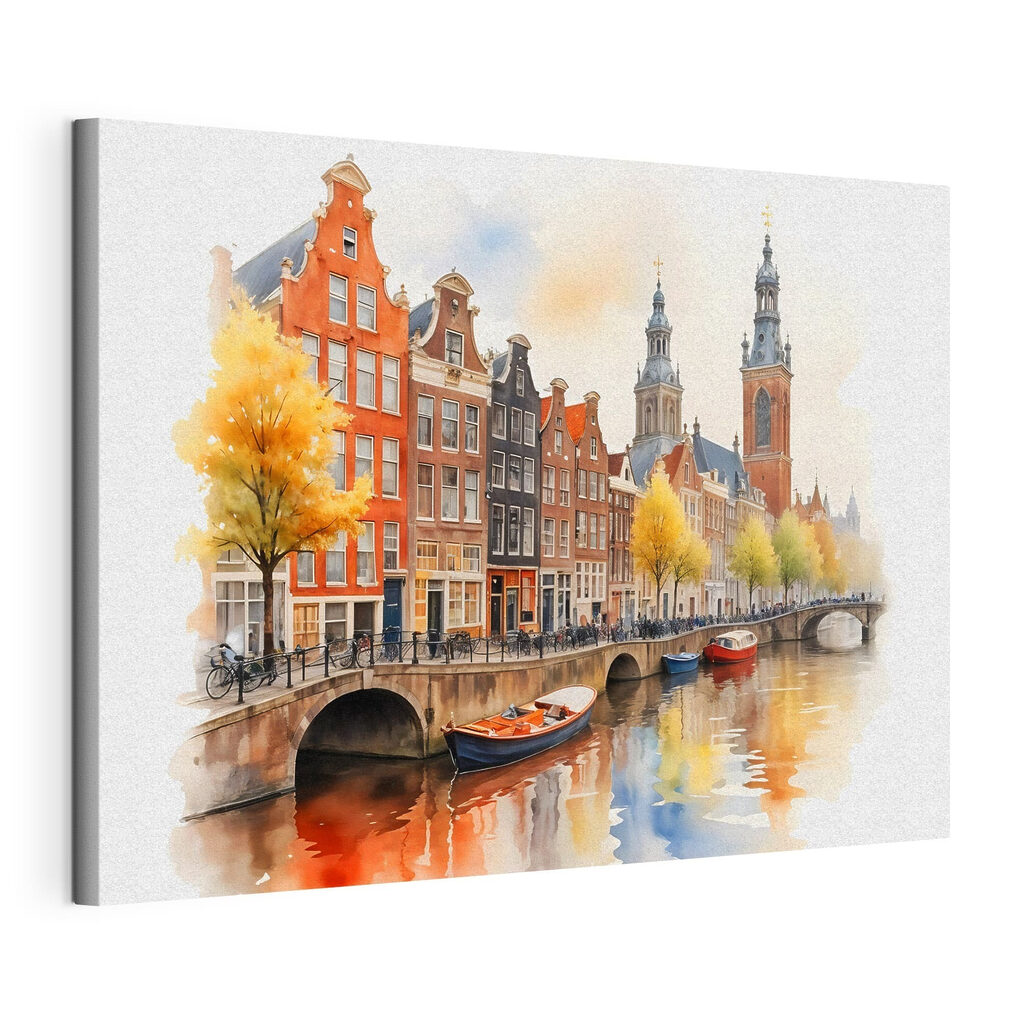Amsterdam à l’aquarelle dorée, toile tendue et bord enveloppé