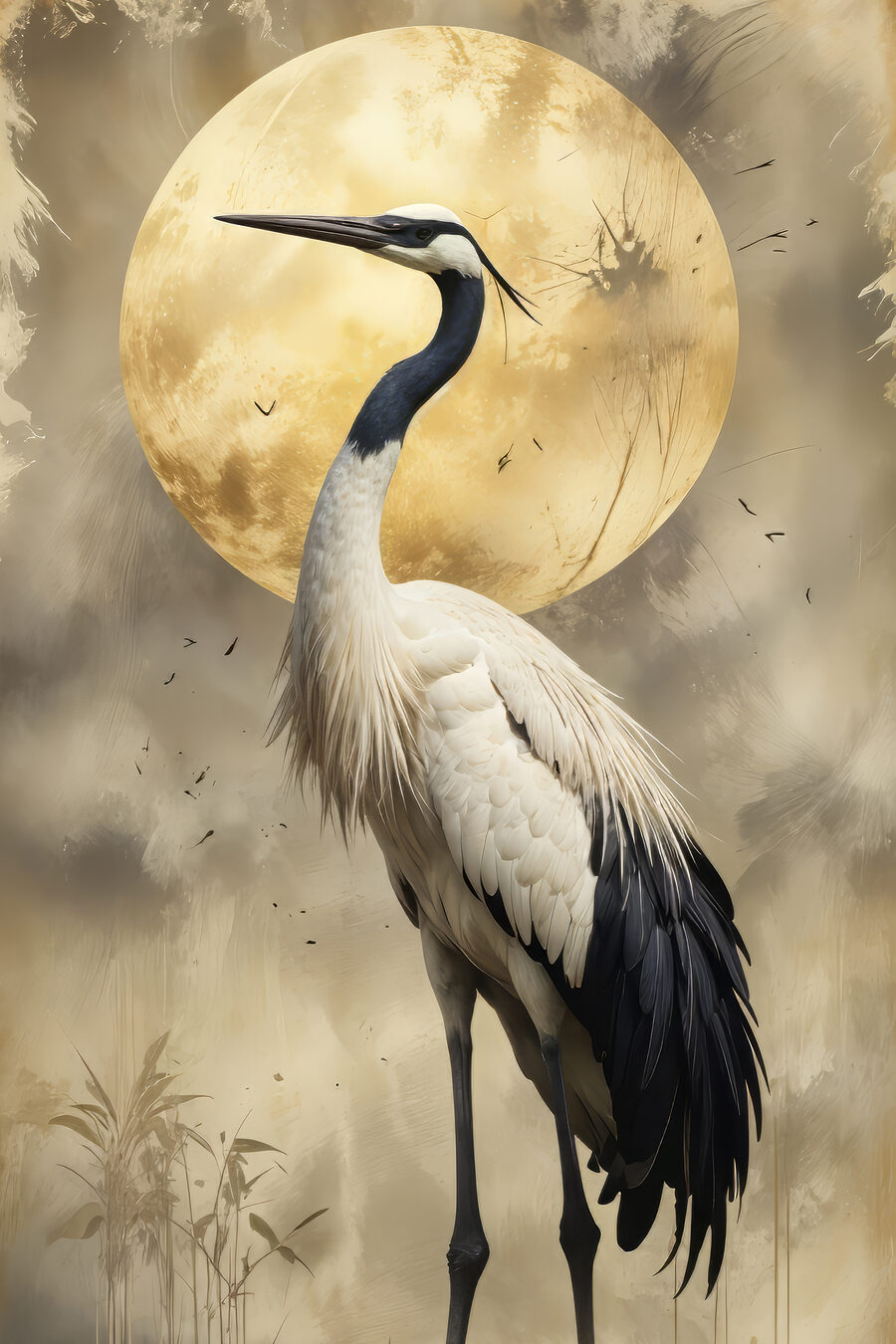 Grue et lune dorée — motif complet
