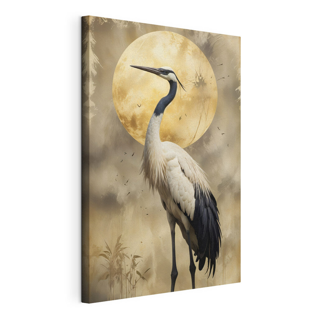 Grue et lune dorée, toile tendue et bord enveloppé