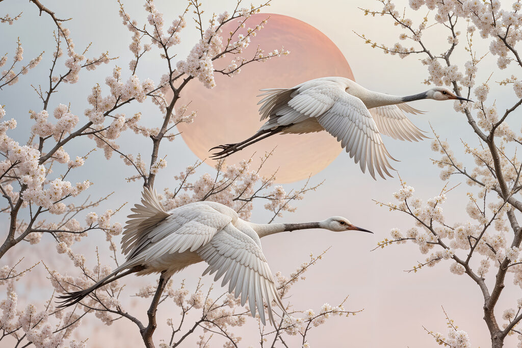 Grues et branches fleuries — motif complet