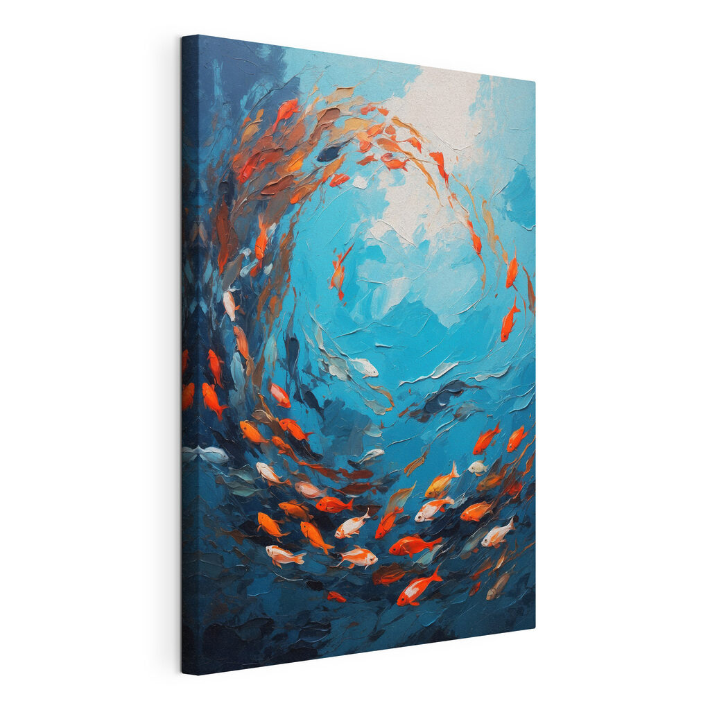 Ronde de poissons, toile tendue et bord enveloppé