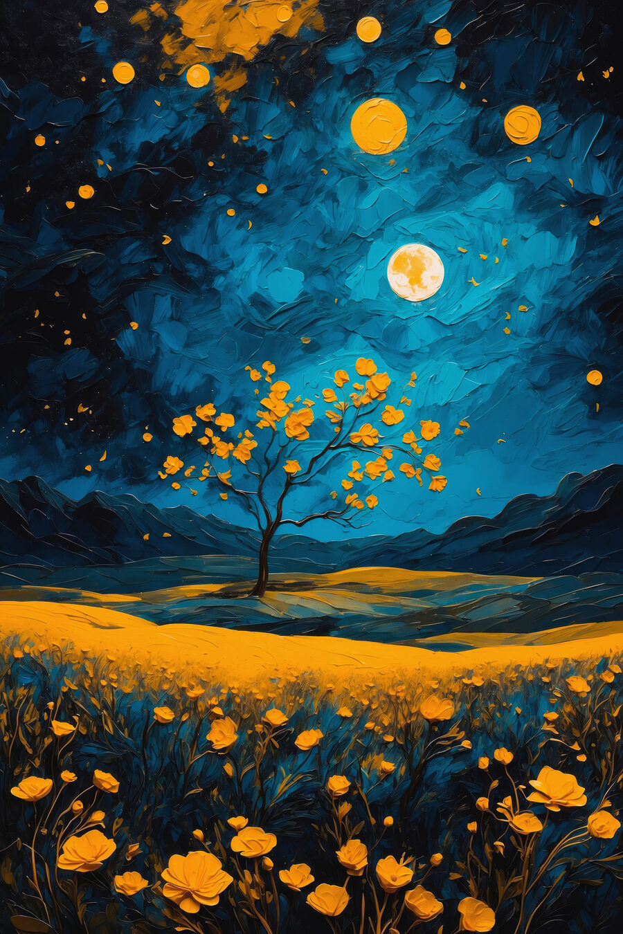 Fleurs dorées et lunes — motif complet